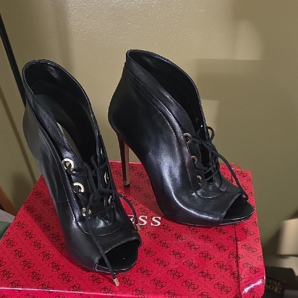 Guess Black Lace-Up Peep Toe Heels